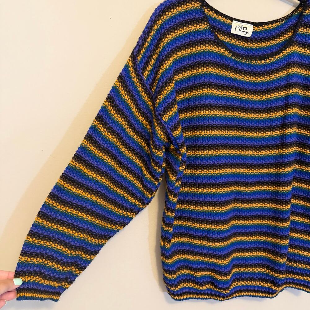 Vintage In Charge Women Sweater Size L/XL Blue Oversized Stripe Knit Retro Comfy - Picture 5 of 5